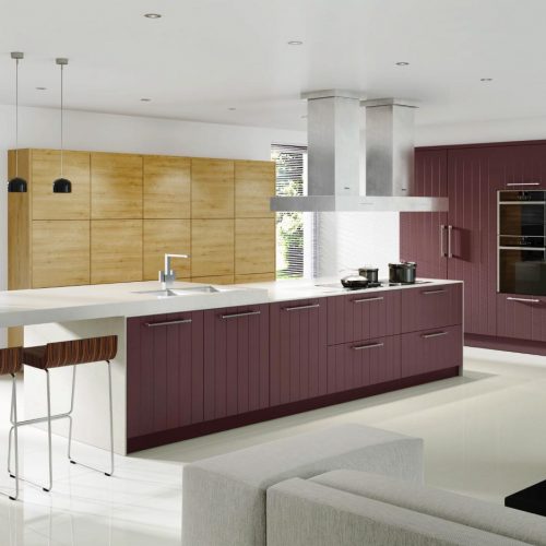 Vertical Lined Smooth Painted Wild Orchid and Arlington Oak Contemporary Ashley Ann Kitchen