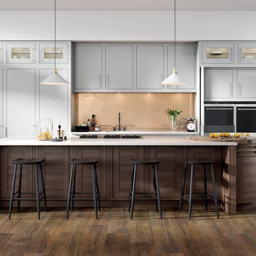Skye Smooth Painted, Pentland Firth & Conival Light Walnut Caledonia Traditional Shaker Style Kitchen