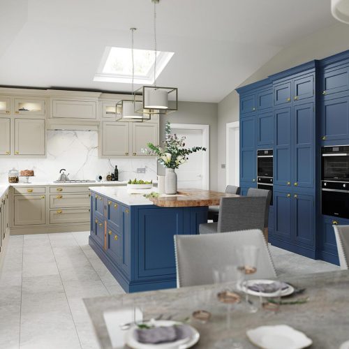 Talmine Painted October Night and Mukle Sand Caledonia Traditional Shaker Style Kitchen