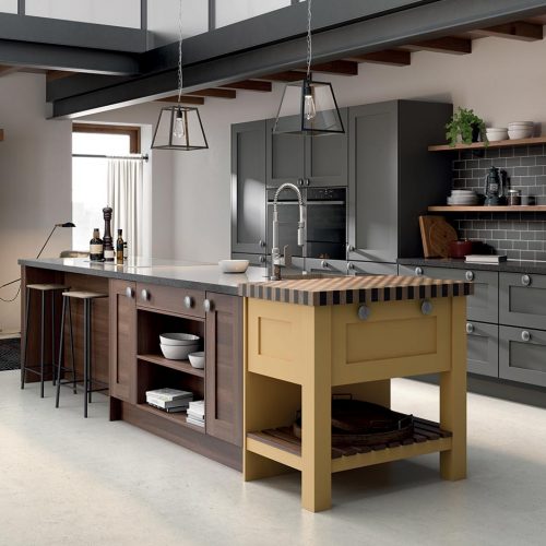 Taransay Smooth Painted, Roofer's Lead, Sunburst & Red Walnut Caledonia Traditional Shaker Style Kitchen
